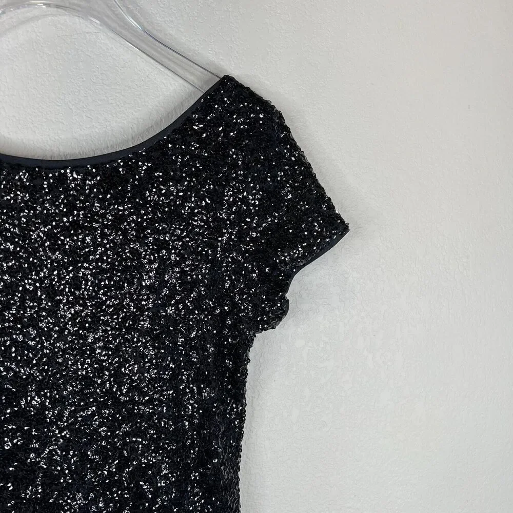 BLACK Mini Dress Small Black Sequined Short Sleeve Open Back Cocktail - Picture 3 of 12